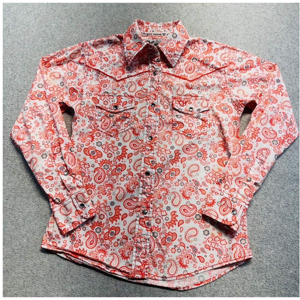 Cowgirl Hardware Western Snap Shirt Girls Size M 7/8 Orange Paisley Long Sleeve